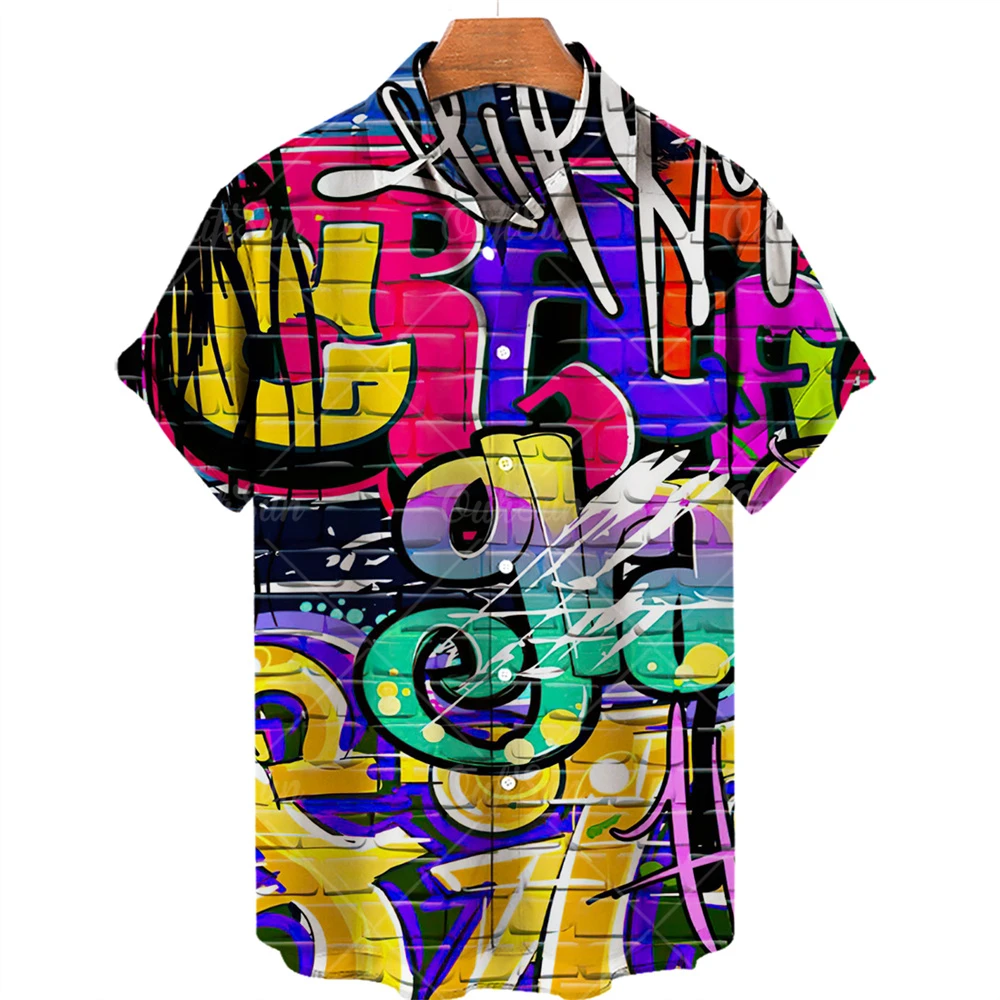 

Men's Ethnic Shirts Summer Vintage Casual Graffiti T Shirts Printed Hawaiian Letters Button Shirts Shirts for Men
