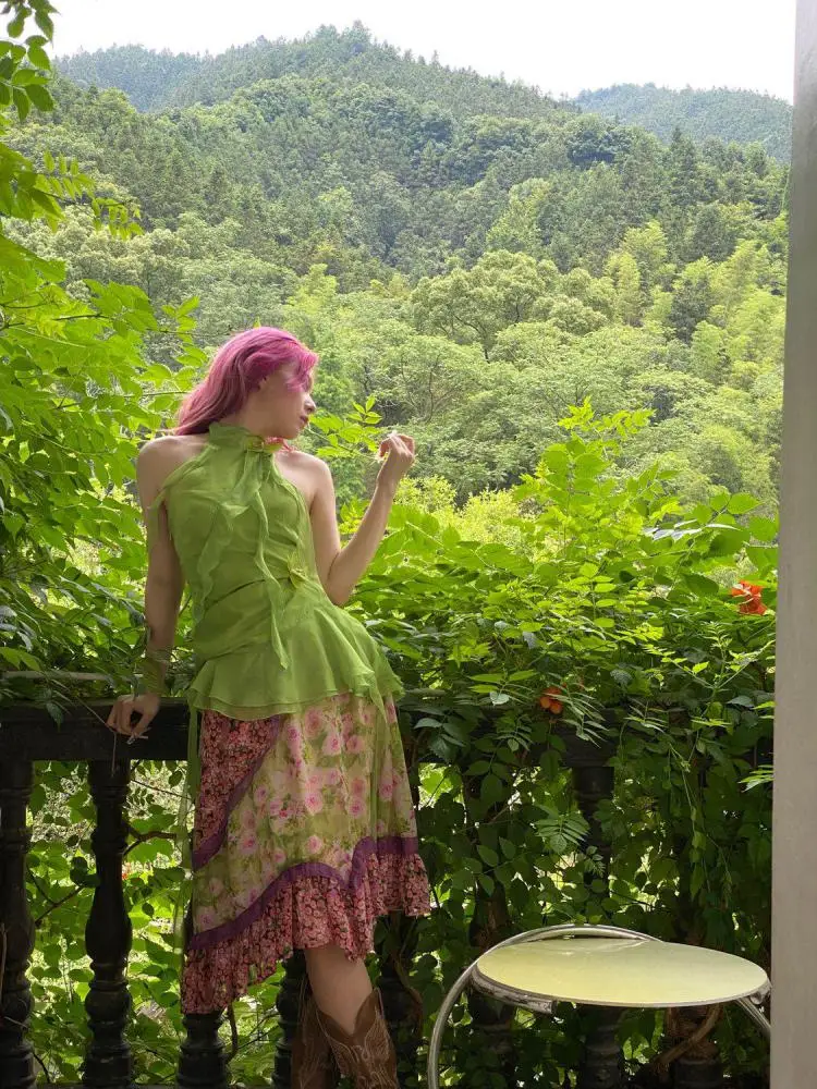 Yedinas Асимметричные волнистые зеленые топы с лямкой через шею футболки без