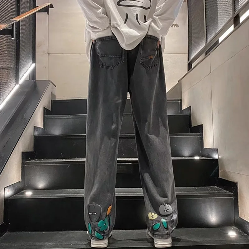 Men Clothing 2022 New Loose Comfortable Smoky Grey Jeans Temperament Versatile Straight Cylinder Wide Leg Trousers Autumn Female