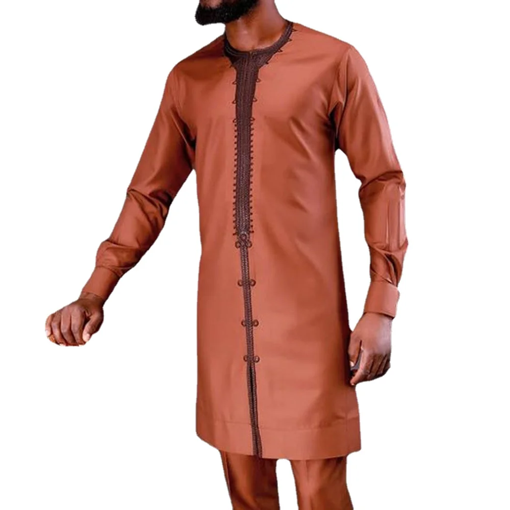 Muslim Fashion Men Shirt African Dubai Long Sleeve Arabian Mid-length Brown Two Piece Suit Casual Islamic Clothing Male Shirts