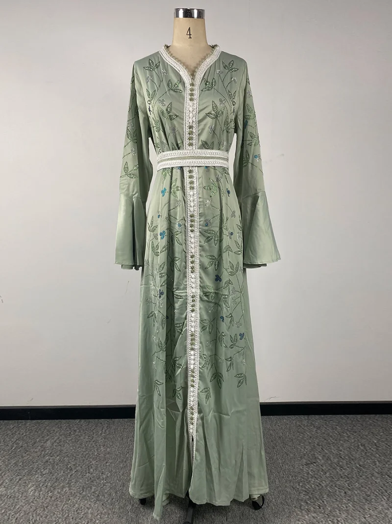 Dubai Abaya Luxury For Muslim Women Floral Rhinestone Lace Tape Panel Belted Dress Moroccan Kaftan Islamic Dresses Ramadan