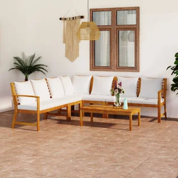 6 Piece Patio Lounge Set with Cushion Cream Solid Acacia Wood B Outdoor Table and Chair Sets Outdoor Furniture Sets