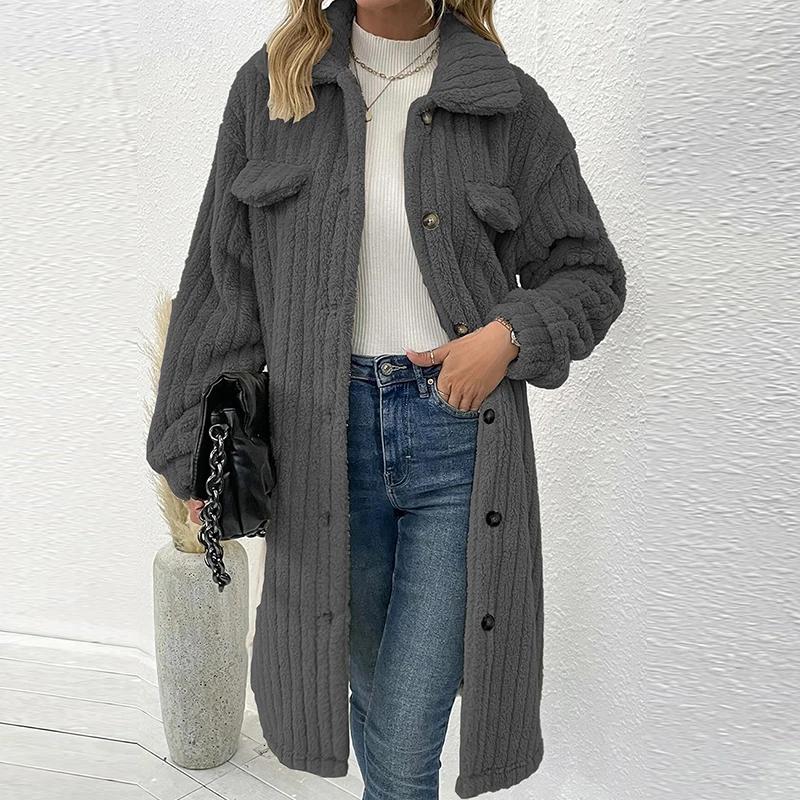 

Casual Women Warm Long Sleeve Turn-Down Collar Outwears Fashion Solid Buttoned Overcoat Autumn Winter Wool Fleece Long Cardigan