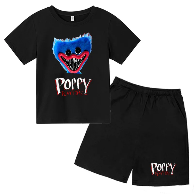 

New Video Game Poppy Playtime T-Shirt + Pants 2 Pcs Suit Cartoon Children Clothing Sets Kids Boys Sports Suit Huggy Wuggy Shorts