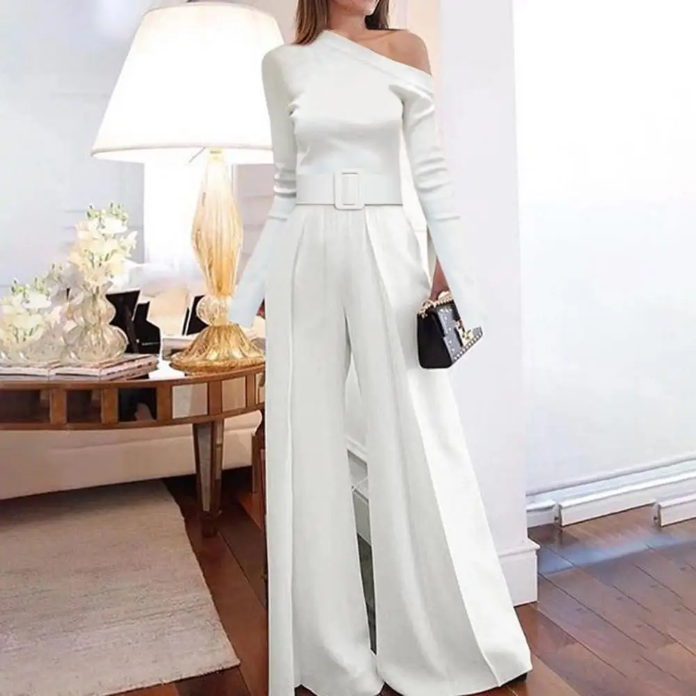 

Lady Romper Soft Fabric Detachable Belt Floor Length Breathable Elegant Long Sleeve Oblique Neck Wide Leg Banquet Jumpsuit