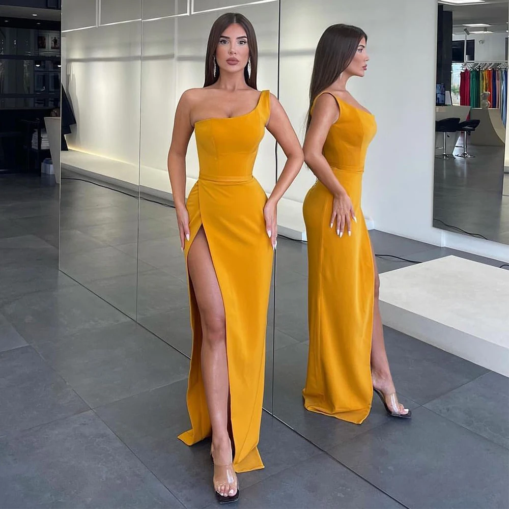 

Sexy Gold Evening Dresses for Women One Shoulder Sheath/Column Evening Gowns Long Sleeveless High Slit Simple Prom Party Dress
