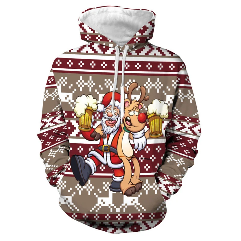 3D Printed Santa Claus Deer Beer Hoodies For Men Christmas Pattern Pullovers Casual Hooded Long Sleeves Sweatshirts Loose Tops