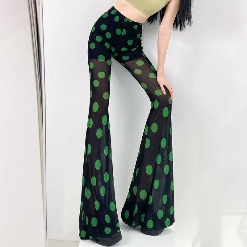 

Transparent Mesh Polka Dots Flare Pants Women Summer Slim Fit Striped Sexy Trousers Floor Length Leopard Print High Waist Pants