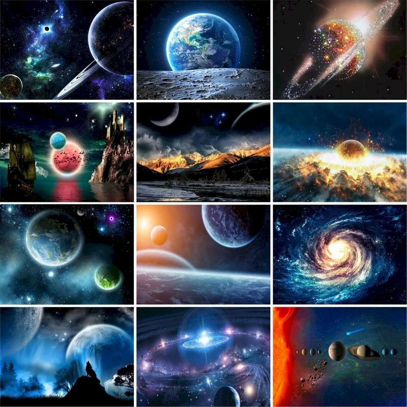 Космическая Луна и Вселенная звездная планета земля пейзаж холст живопись