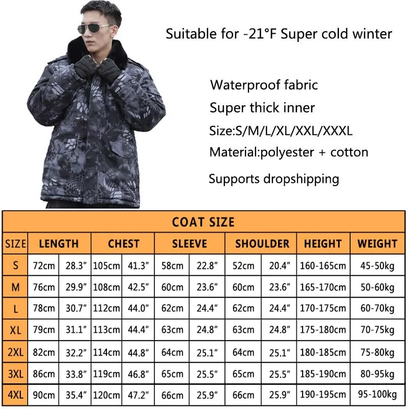 -25°F Men Winter Jacket Warm Thick Parkas Military Jacket Outwear Outfits Army Windproof Parka Hunting Clothes Coats Men Korean