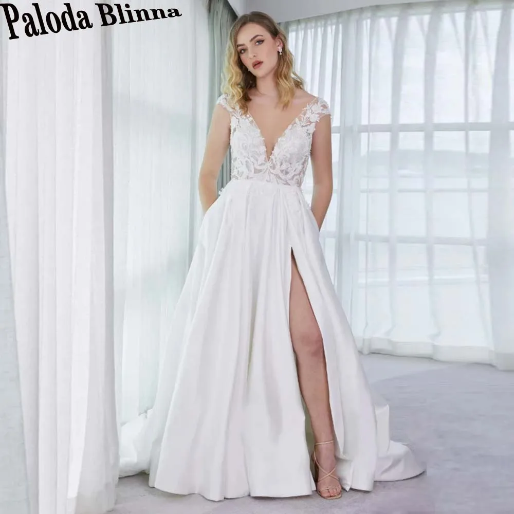 

Paloda Classic Satin A-LINE Wedding Dresses For Bride Backless Off The Shoulder V-Neck Slit Court Train Pleat Robe De Mariée
