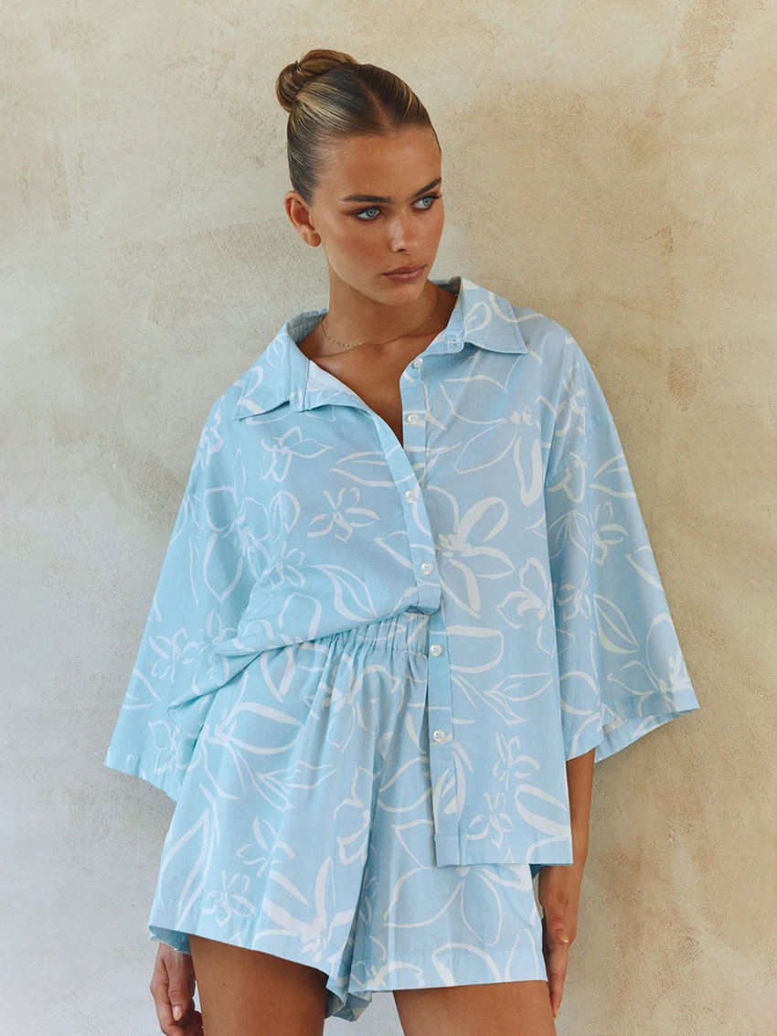 Marthaqiqi Printing Pajamas For Women Turn-Down Collar Sleepwear Long Sleeve Nightwear Elastic Waist Shorts Casual Nightie Set