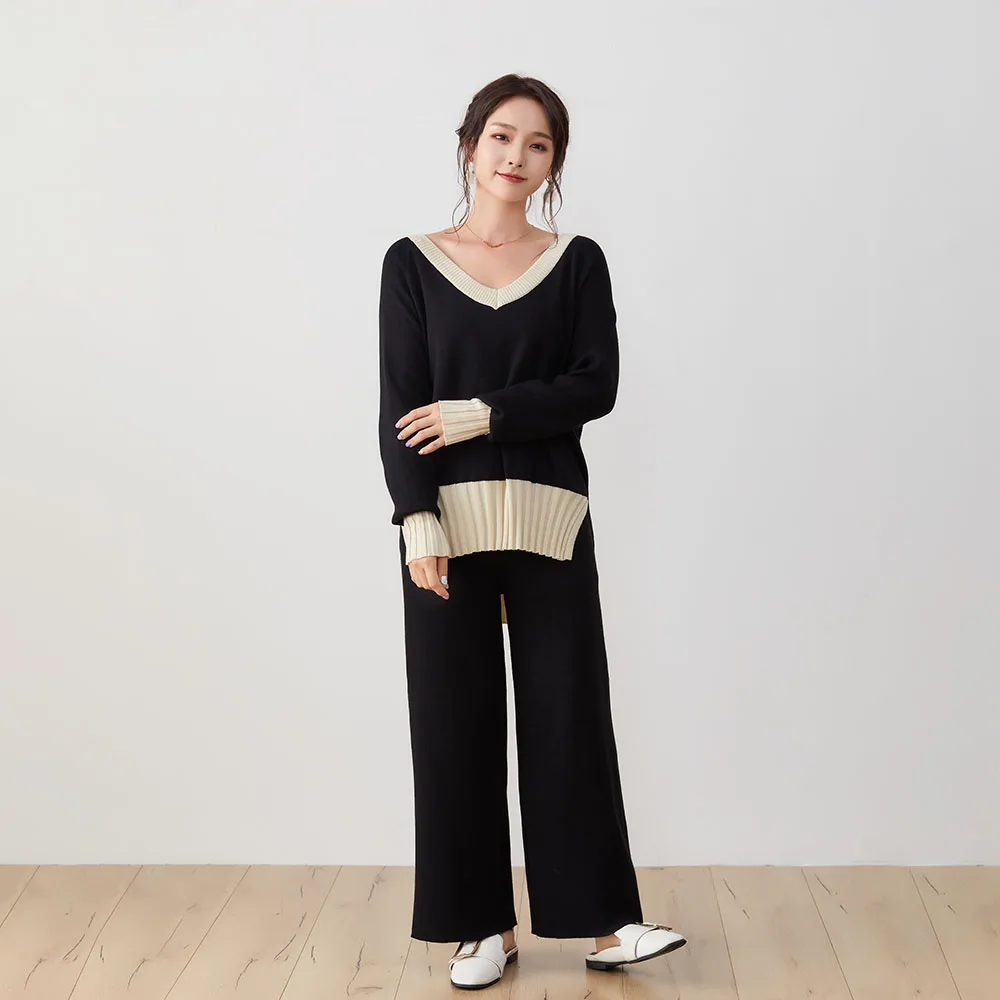

Two Piece Sets Women 2022 Winter Sweater Solid Color Loose Pant Knitted Long Sleeve Sweater Two-piece Suit Women Clothing