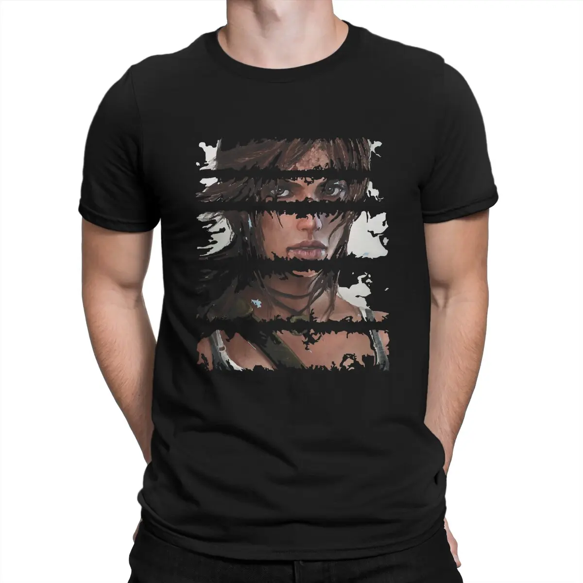 

Lara Croft Torn T-Shirts for Men Tomb Raider Game Funny Cotton Tee Shirt Round Neck Short Sleeve T Shirt Classic Tops