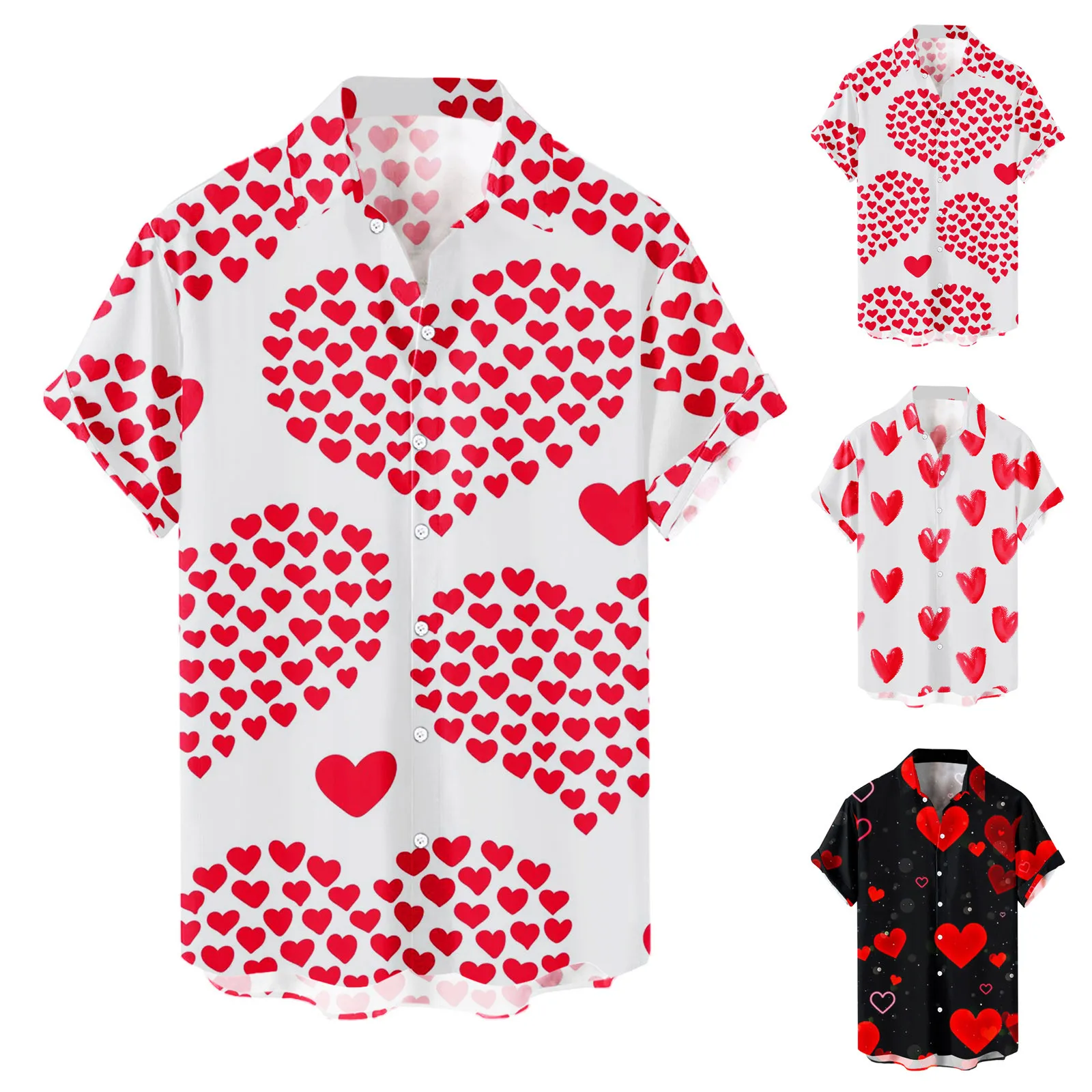 

Heart Love Dots Print Men Shirt Summer Short Sleeve Blouse Button White Shirt Valentine Day Clothes Party Social Dress Male Tops