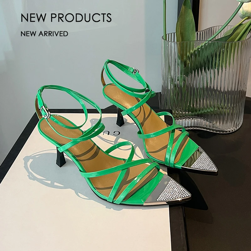 

Party Prom Night Club Women Sandals Sexy Fashion New Narrow Band Pumps Patent Leather Rhinestone Thin Heels Shoes Woman