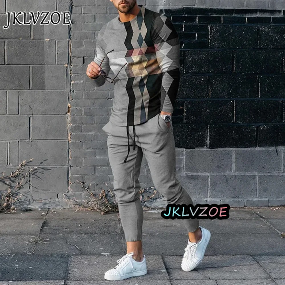 Fashion Men's Long Sleeve T-shirt Set Sports Pants New 3D Printed Casual Male Clothes Oversized Tracksuits 2 Piece Suit Jogging