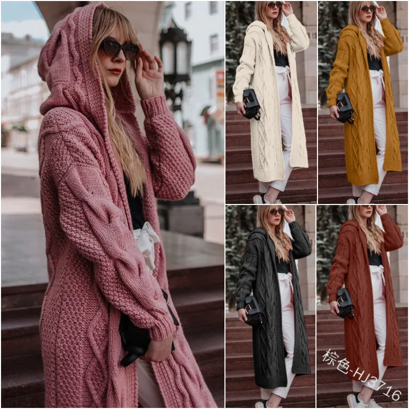 

2022 Female Cardigan Autumn Winter Hot Sale Solid Color Hooded Long Cardigan Sweater Twist Knit Sweater Women S-5XL YM09