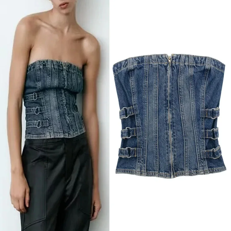 

TRAF Woman's Denim Crop Tops 2023 Sexy Strapless Corset Top Women Summer Zip Straight Neck Tanks Off Shoulder Aesthetic Clothing