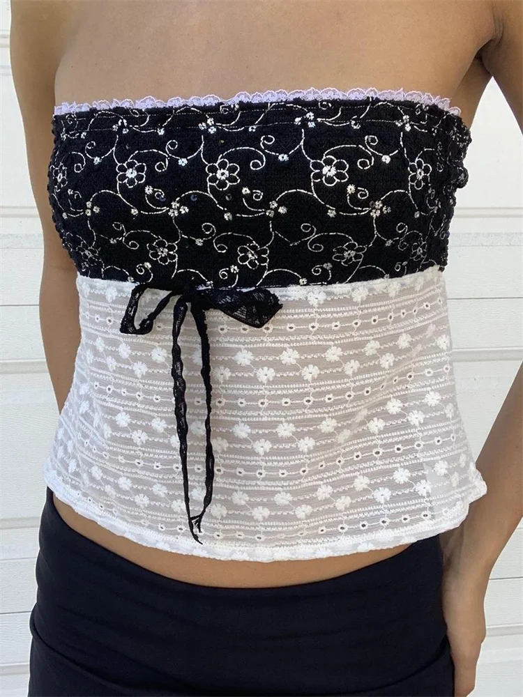 

CHRONSTYLE Women Y2K Sexy Lace Strapless Tube Tops Fairy Grunge Sleeveless Backless Lace-up Summer Mini Vest Streetwear 2023 New