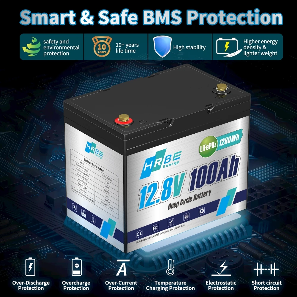 12 В 100 Ач 1280 Втч LiFePO4 аккумулятор 6000 циклов с литиевым блоком Smart BMS класса A для