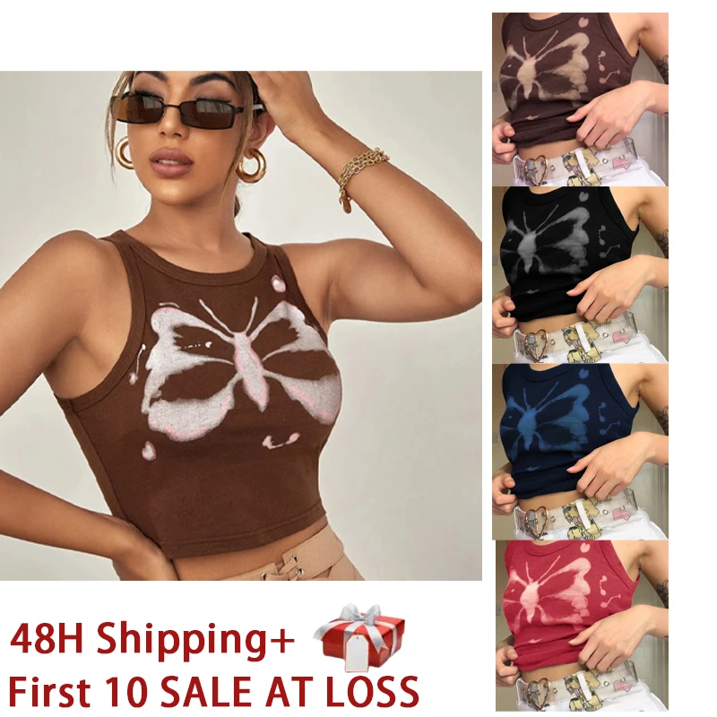 

Crop Top Women Butterfly Printed Corset Tanks Tops Pulovers Pink Blue Summer Clothes 2022 Vests T-shirt Tunics for Girls Black