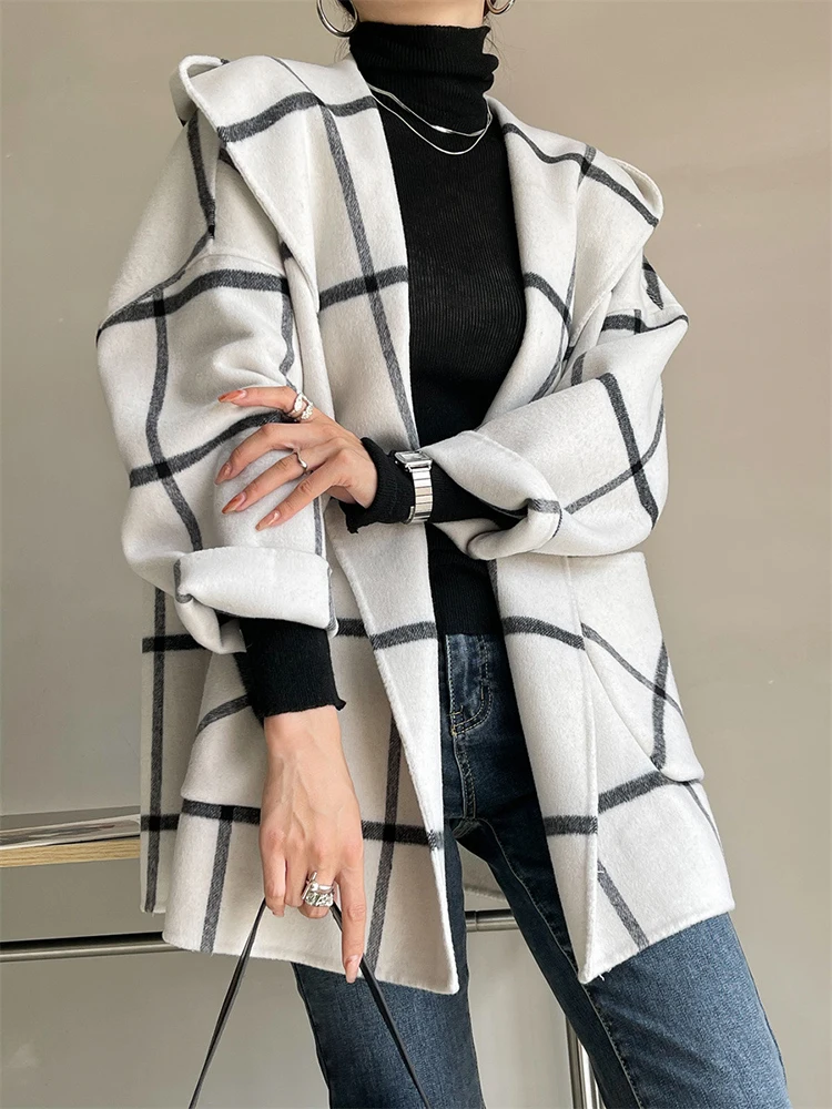 

WXIBEI Stripe Plaid Short Double Cashmere Wool Coat Women's Autumn Winter 2022 New Hooded All-match Female Cardigan Jacket FC019