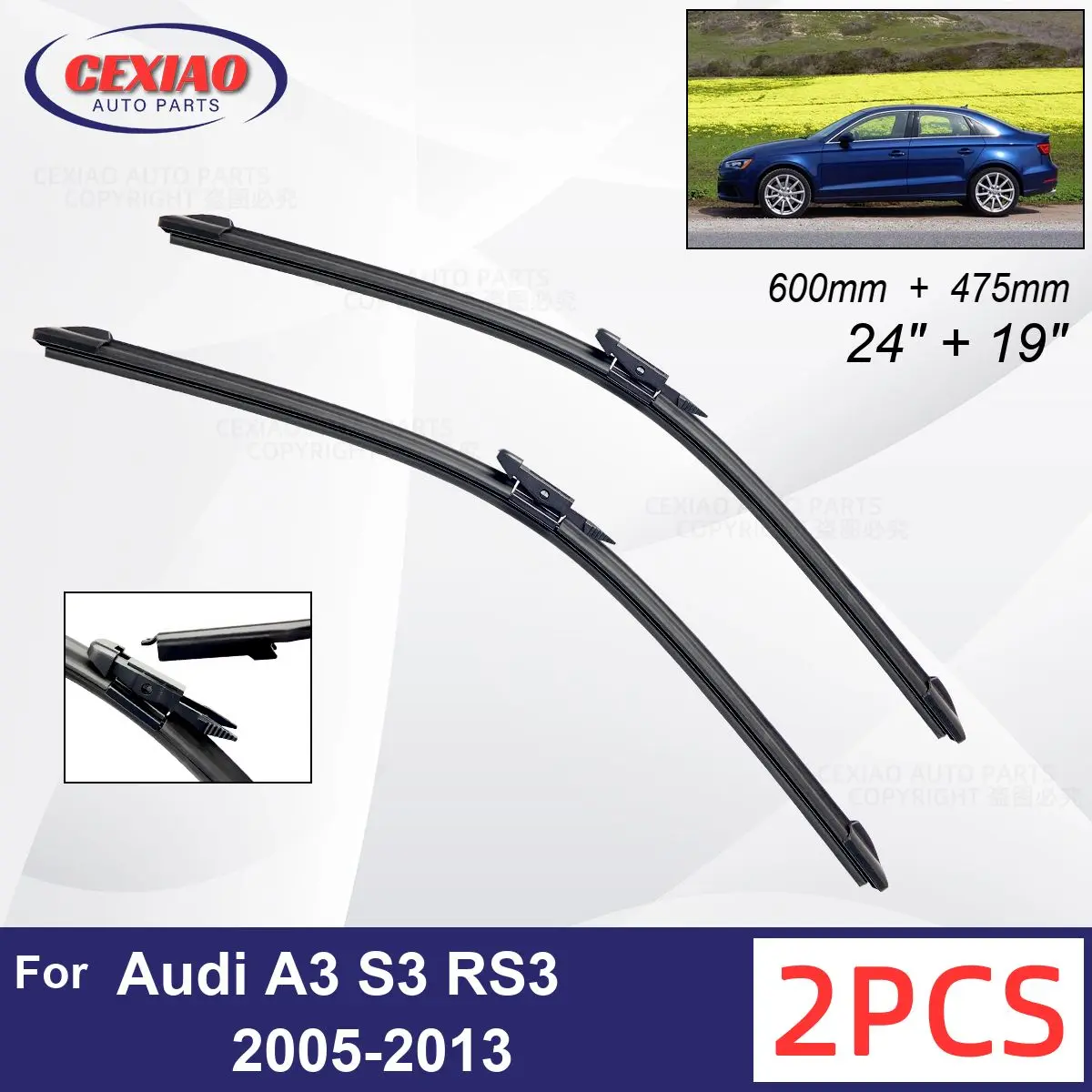 

Car Wiper For Audi A3 S3 RS3 2005-2013 Front Wiper Blades Soft Rubber Windscreen Wipers Auto Windshield 24" 19" 600mm 475mm