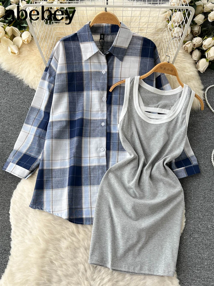 

2022 New Summer Autumn Casual Two Piece Set Long Sleeve Plaid Grey Overcoats Spaghetti Strap Slim Black Solid Dress