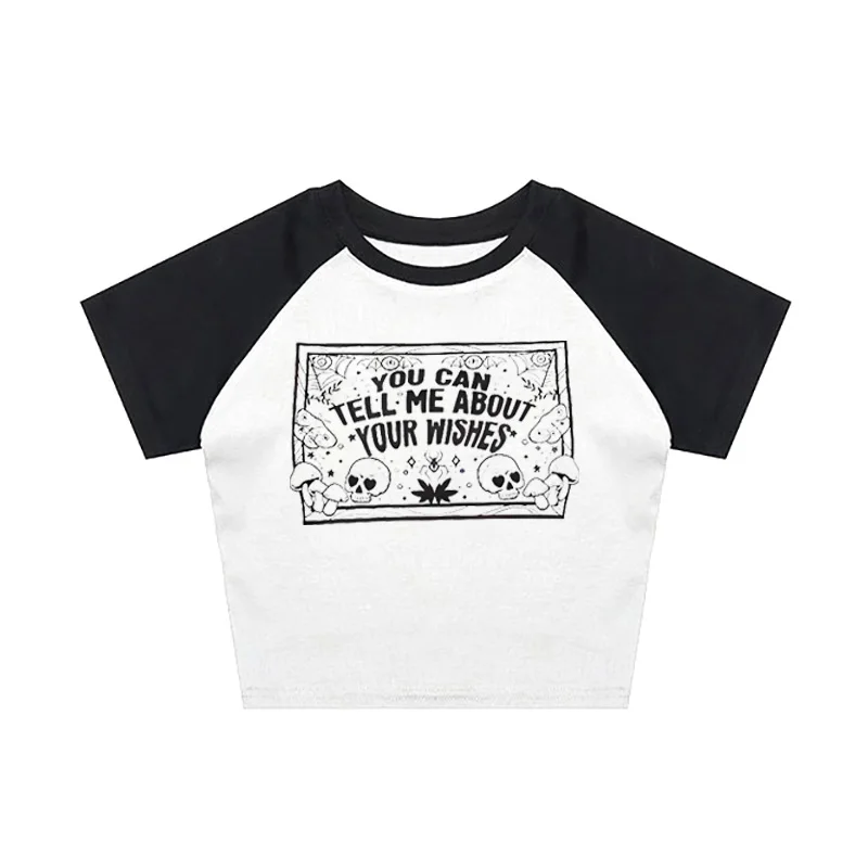 

Harajuku Y2K Letter Print Sexy Spliced T-shirt punk Summer Aesthetic Slim tops Streetwear Goth Short Sleeve Crop Top Baby Tees