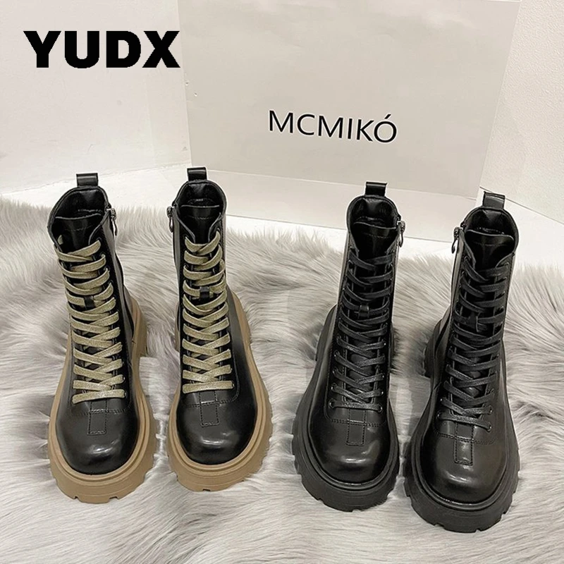 

Motorcycle Ankle Boots Female Gothic Platfrom Thick Sole Women's Punk Lace Up Chunky Heels Ladies 2023 New Shoes Zipper Combat