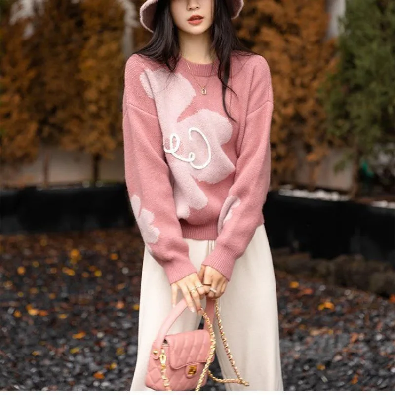 

2022 Autumn Winter Sweater Long Sleeve O Neck Casual Women Top Pink Flower Print Pullover Streetwear Korean Fashion Knit Coat