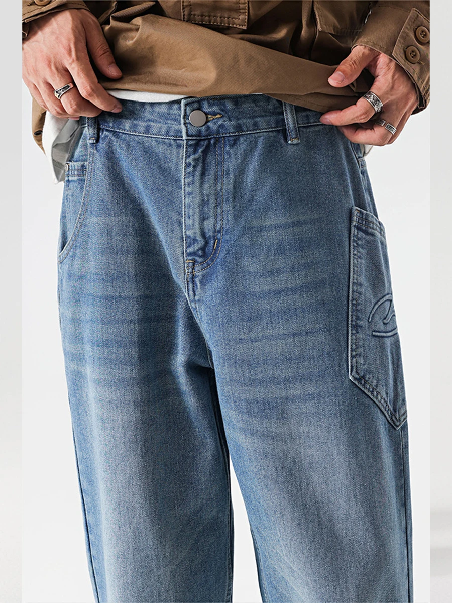 Four Seasons Men's Jeans American Drape Stencil Retro Wide Leg Pants Trend High Street Straight Pants Streetwear Ins Hot Sale