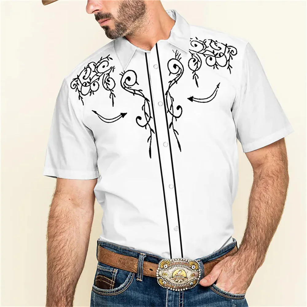 

2023 New Men's Western Printed Short Sleeve Shirt Summer Men's High Quality Polo Neck Button Street Men's Designer Clothing Top