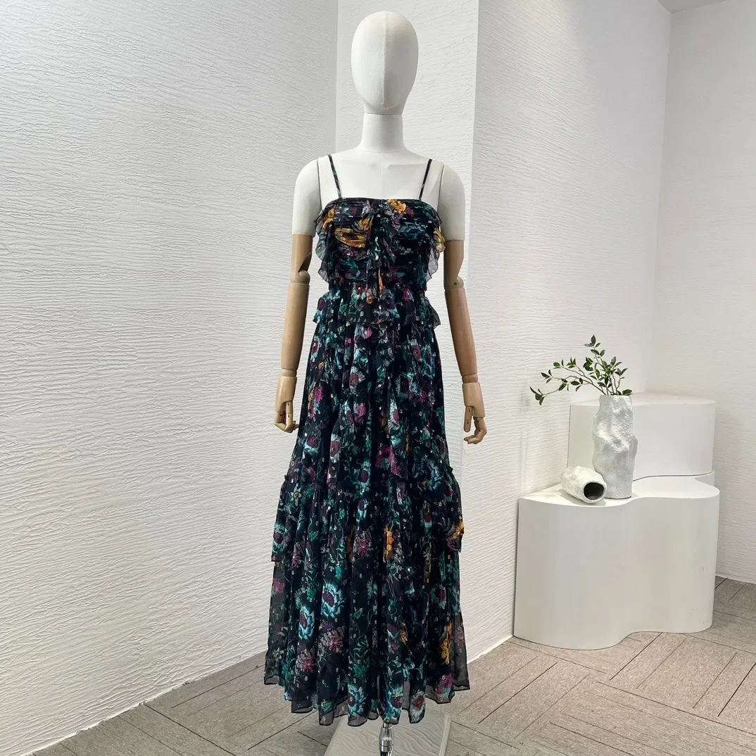 Женское винтажное платье макси черное с цветочным принтом оборками без бретелек