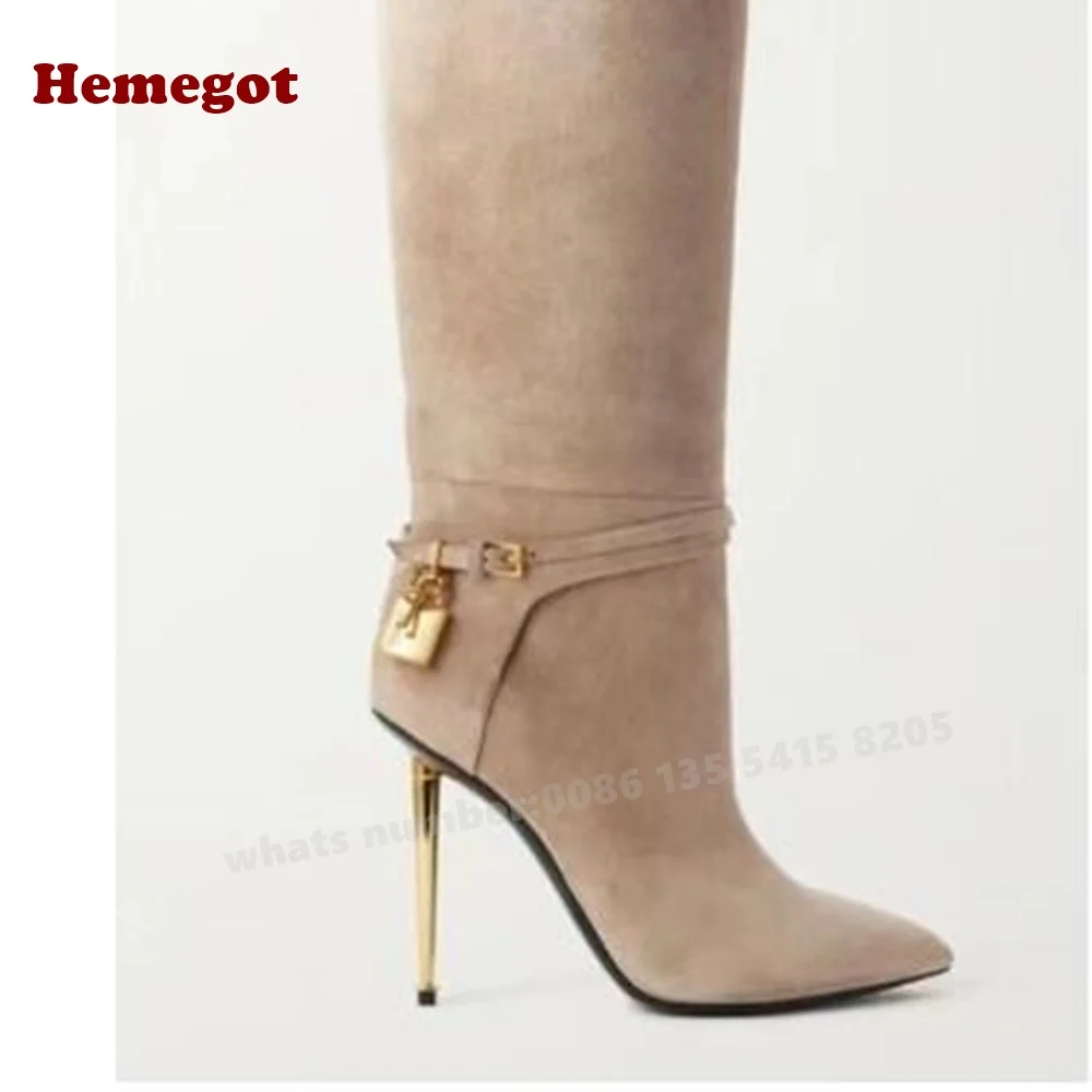 Croc-Pattern Metal Heels Knee High Boots Padlock Pointy Toe Buckle Women's Long Luxury Winter Designer Shoes Plus Size