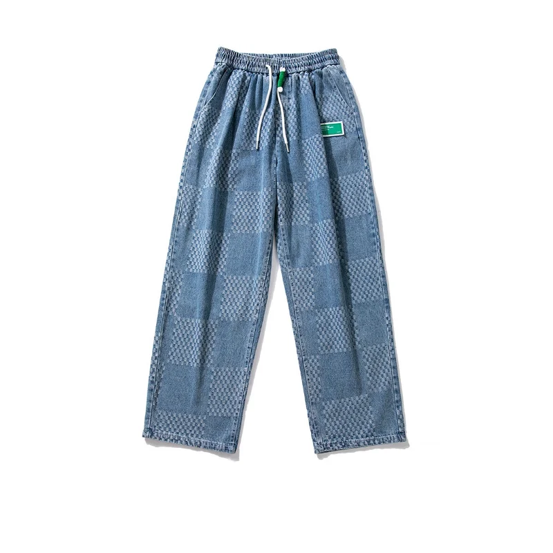 DEEPTOWN Vintage Plaid Straight Denim Pants Men Casual Streetwear Loose Jeans Black Bule Trousers Male Hip Hop Japanese Spring