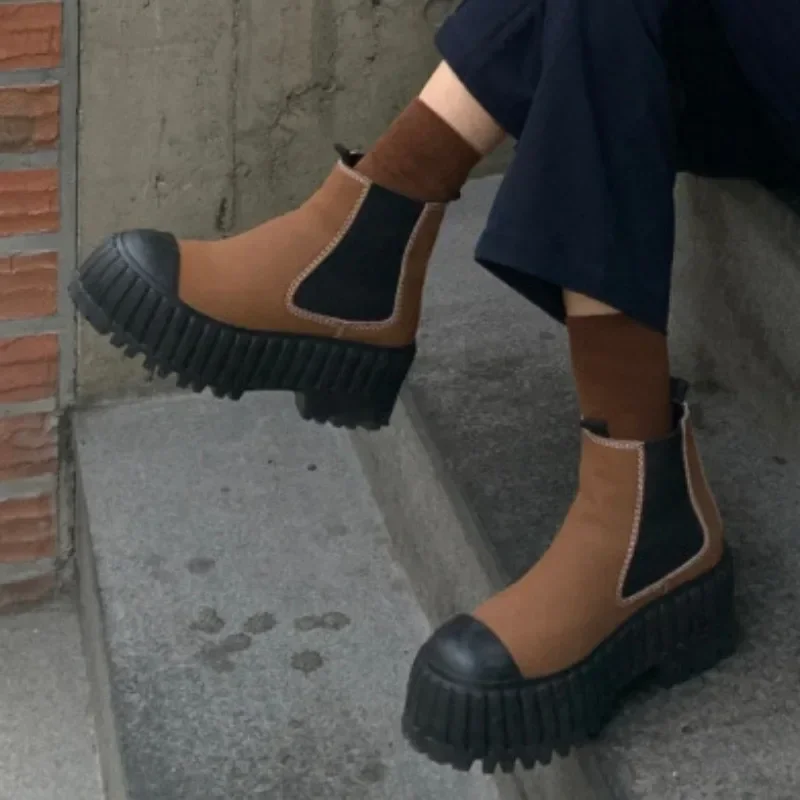 

Женские ботинки челси с круглым носком, зимние ботинки с коротким широким каблуком, на платформе, разные цвета, 2023