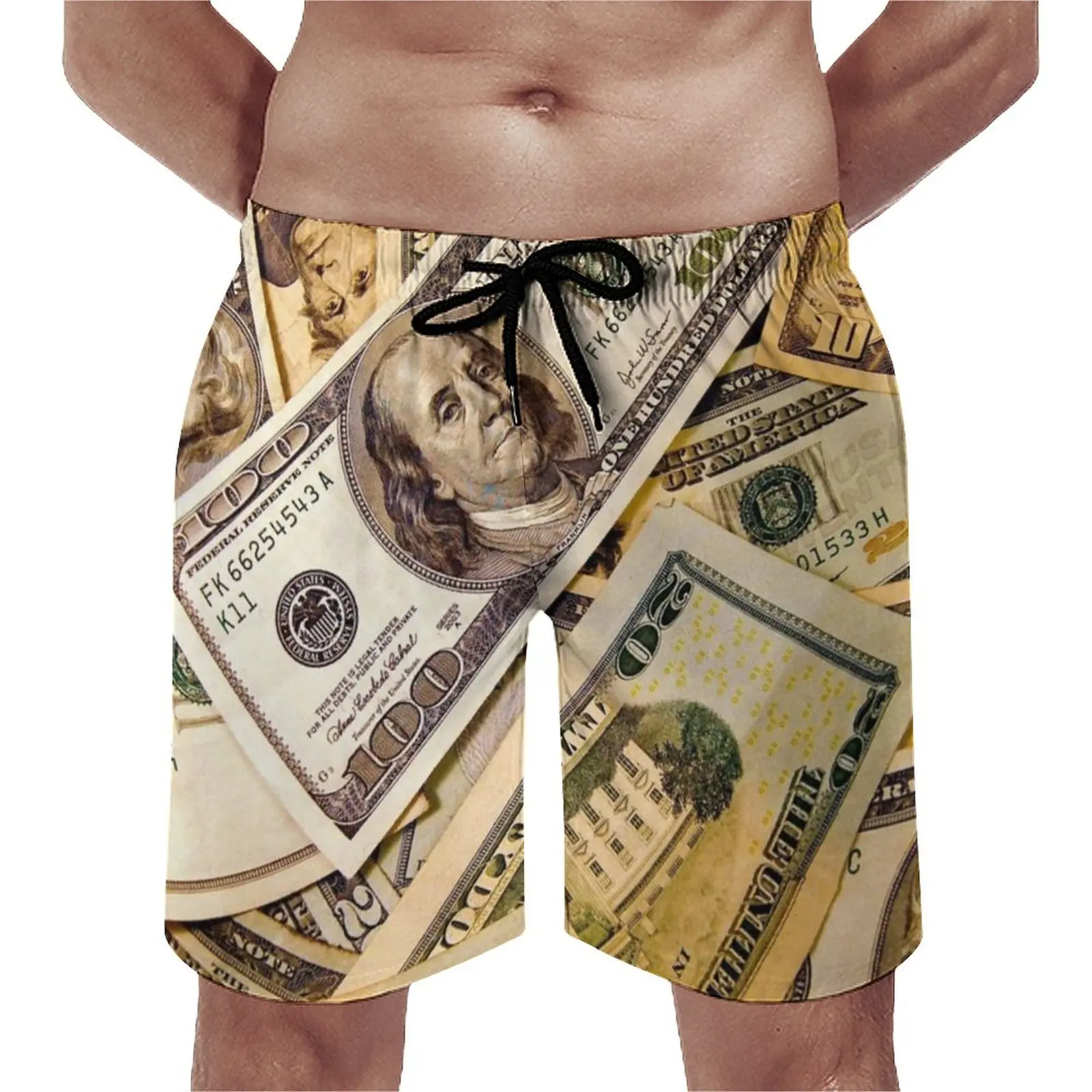 

A Pile of Money Dollar Board Shorts American Currency Swimming Trunks Polyester Men Beach Pattern Swim Trunks