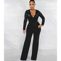 sexy lace perspective jumpsuit womens slim v neck high waist rompers black white trousers party office lady spring autumn new