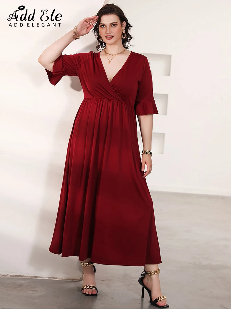 Add Elegant Summer Plus Size Women's Dress Deep V Neck Flare Sleeve Waist Loose Female Clothing Solid Gentle Party Dresses B505