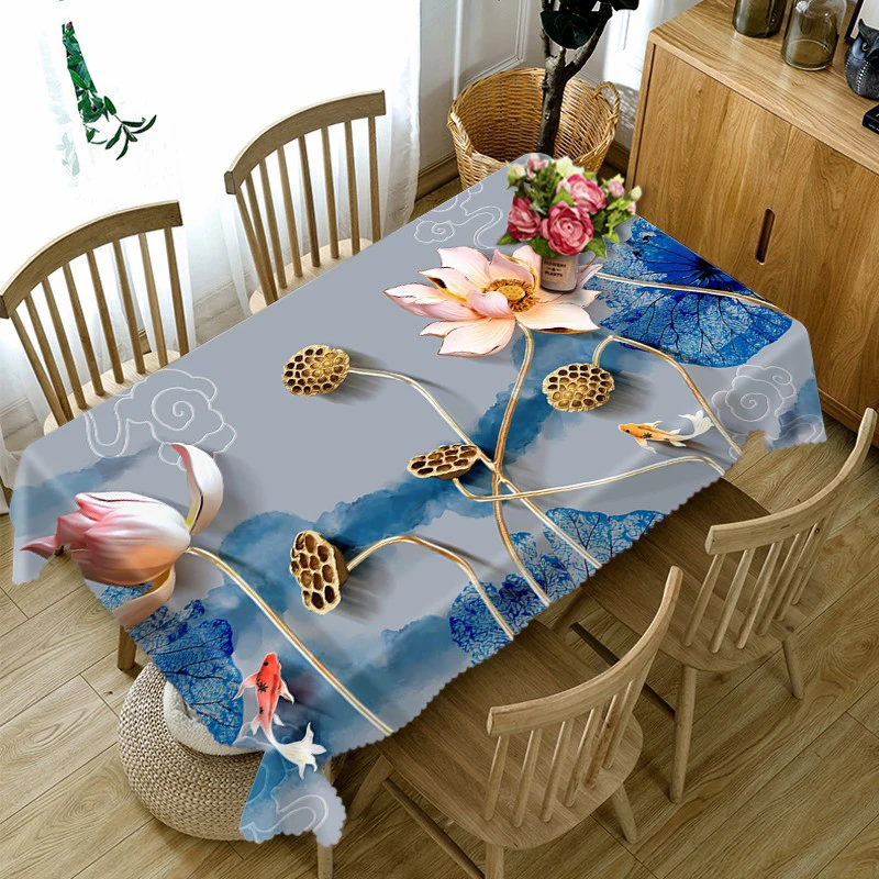 

Colorful Lotus Pattern Tablecloth Green Lotus Leaf Flowers Thicken Polyester Cotton Rectangular Table Cloth Home Decor скатерть