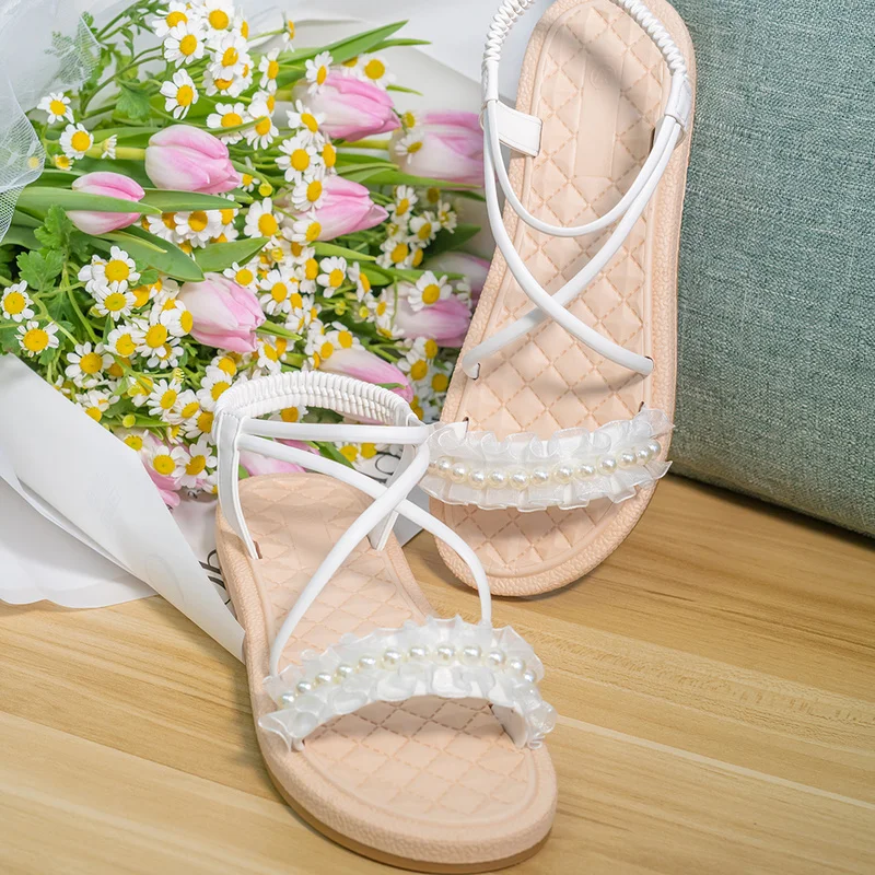 

2022 NEW Bottom Increase Women Sandals Summer Retro Fairy Style Pearl Trend Black Beach Shoes Narrow Band Casual Platform Shoes