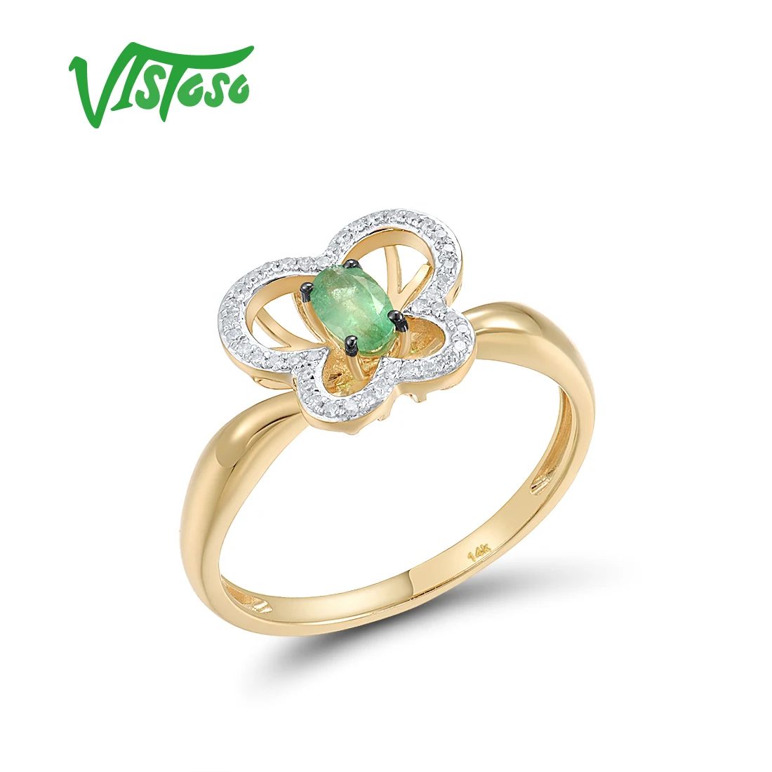 

VISTOSO Pure Solitaire 14K 585 Yellow Gold Ring For Lady Sparkling Diamonds Green Emerald Handmade Delicate Cute Fine Jewelry