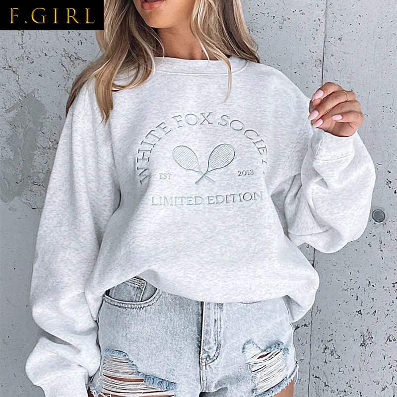 Chic Retro Letters Embroidery Sweatshirts Vintage Womens Winter Tops Thick Fleece Casual Streetwear Oversized Harajuku Crewneck