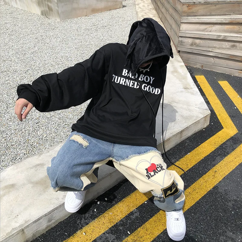 High Street American Distressed Love Mens Jeans Trendy Brand Niche Hiphop Irregular Design Trend Pants for Men