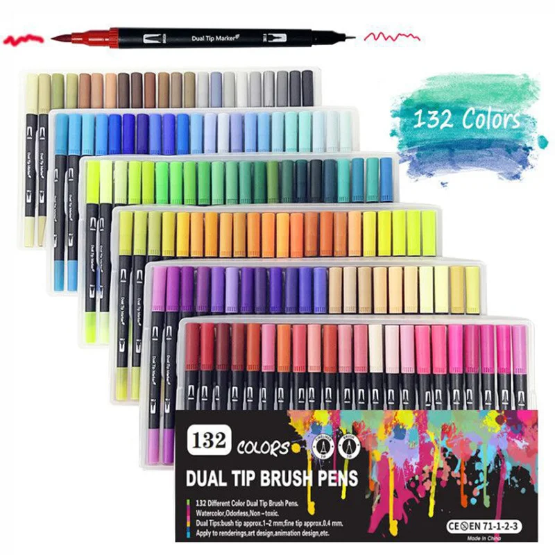 

12/36/60/100/120/132 Colors Dual Tip Watercolor Pens FineLiner Brush Art Markers Pen For Drawing Painting Calligraphy Supplies