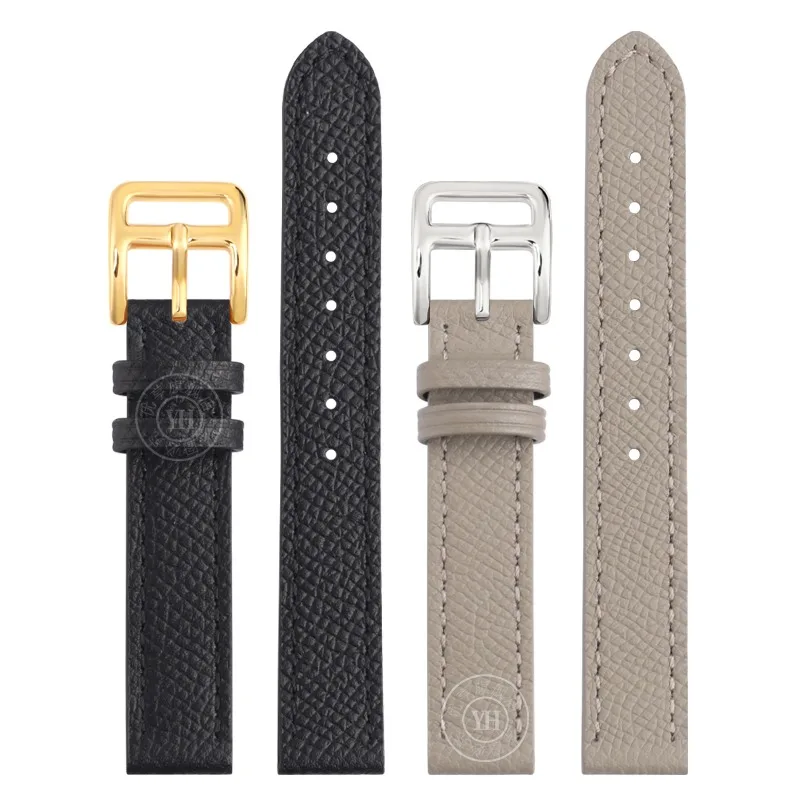 Handmade Pebbled Leather Watchband 14mm 16mm 18mm Black Gray Leather Strap H Buckle Watch Band women's Watch Accessories