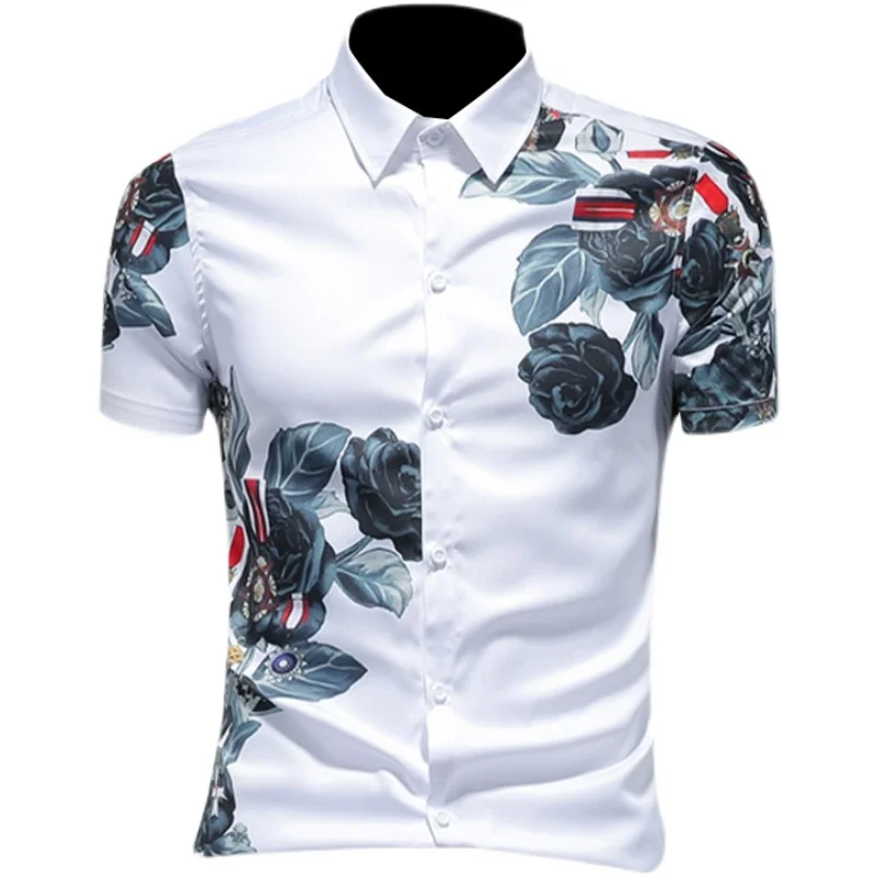 European and American men's wear summer 2022 new Short sleeve lapel single breasted rose print Fashion shirt