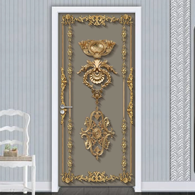 

Self Adhesive Door Sticker Wallpaper 3D European Style Golden Flower Pattern Living Room Bedroom Door Mural Poster Wall Decals